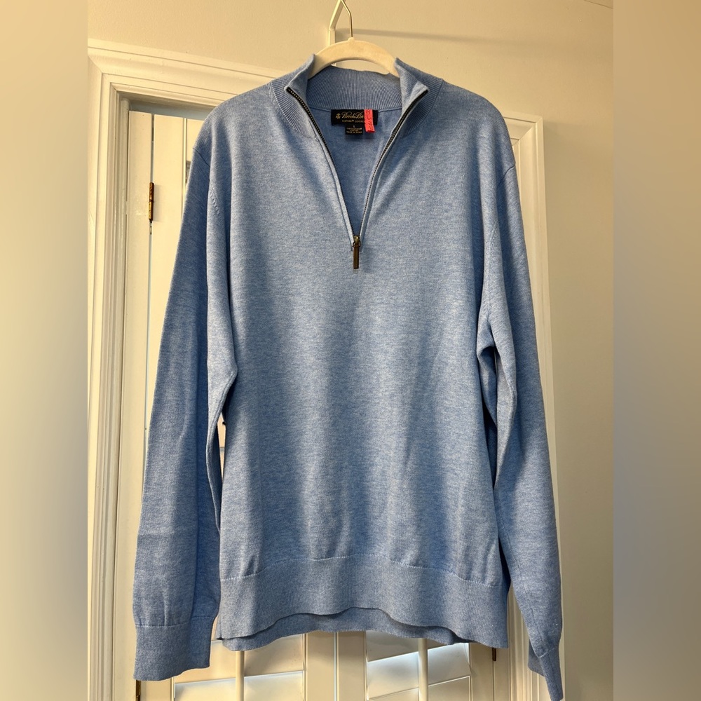 Brooks Brothers quarter zip. Light blue. Supima cotton. Dry cleaned.